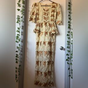 Handmade elegant women’s special occasion peplum gown in brown yellow Size S